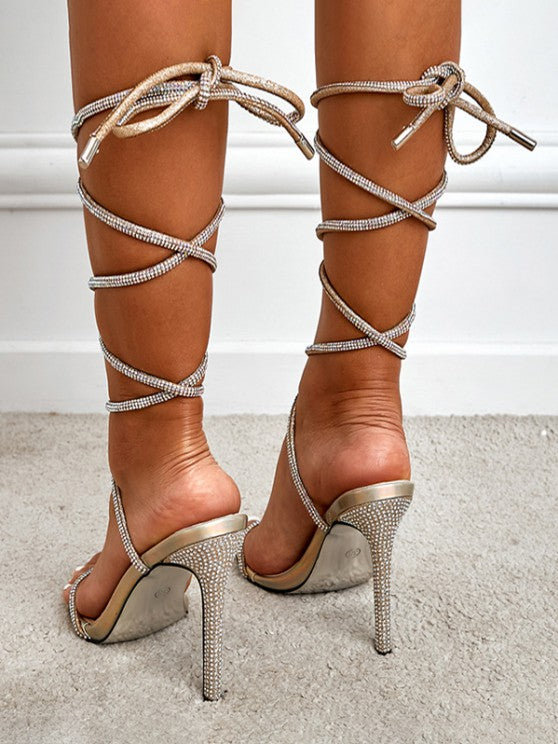 Shiny Glitter Sparkle Rhinestones Detail Ankle Wrap Strappy Heeled Party Sandals