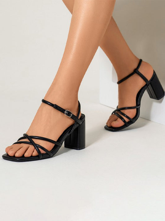 Criss Cross Chunky Heel Solid Color Sandals