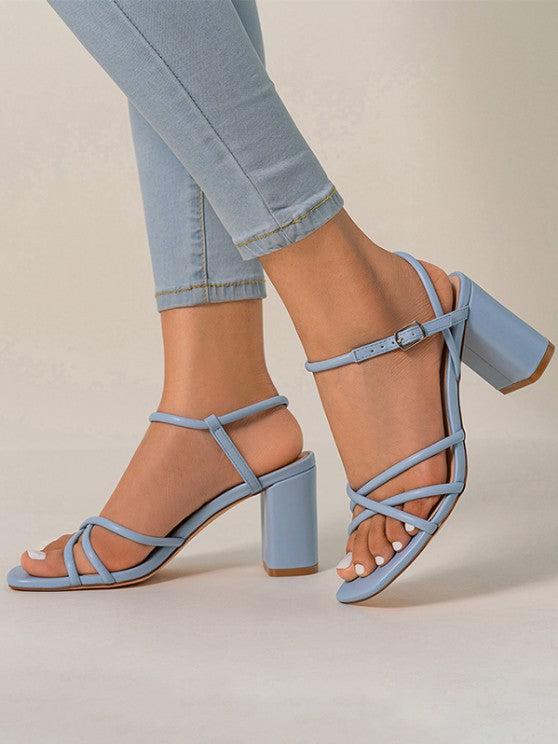 Criss Cross Chunky Heel Solid Color Sandals