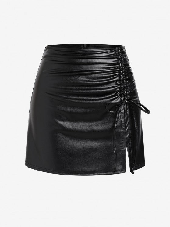 Cinched PU Slit Mini Skirt