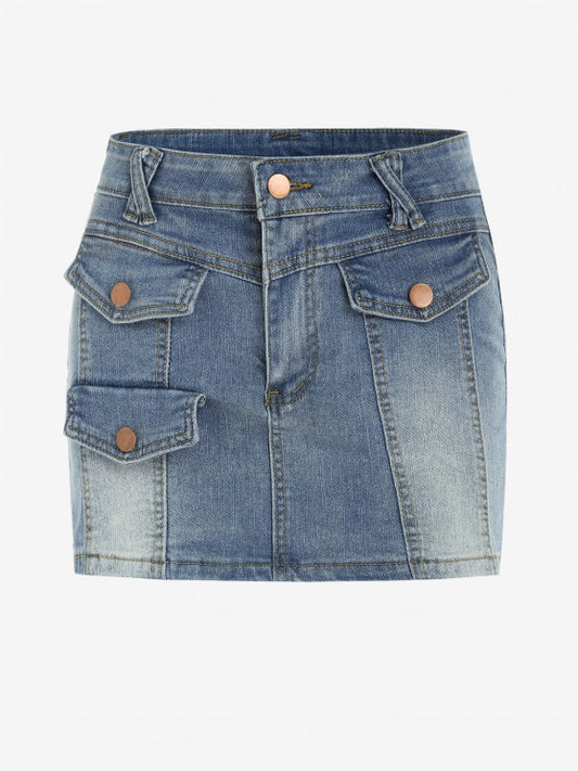 Faux Pocket Low Waist Denim Mini Skirt
