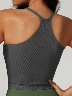 Solid Ribbed Knit Sports Cami Top Compression Shirt Gym Top