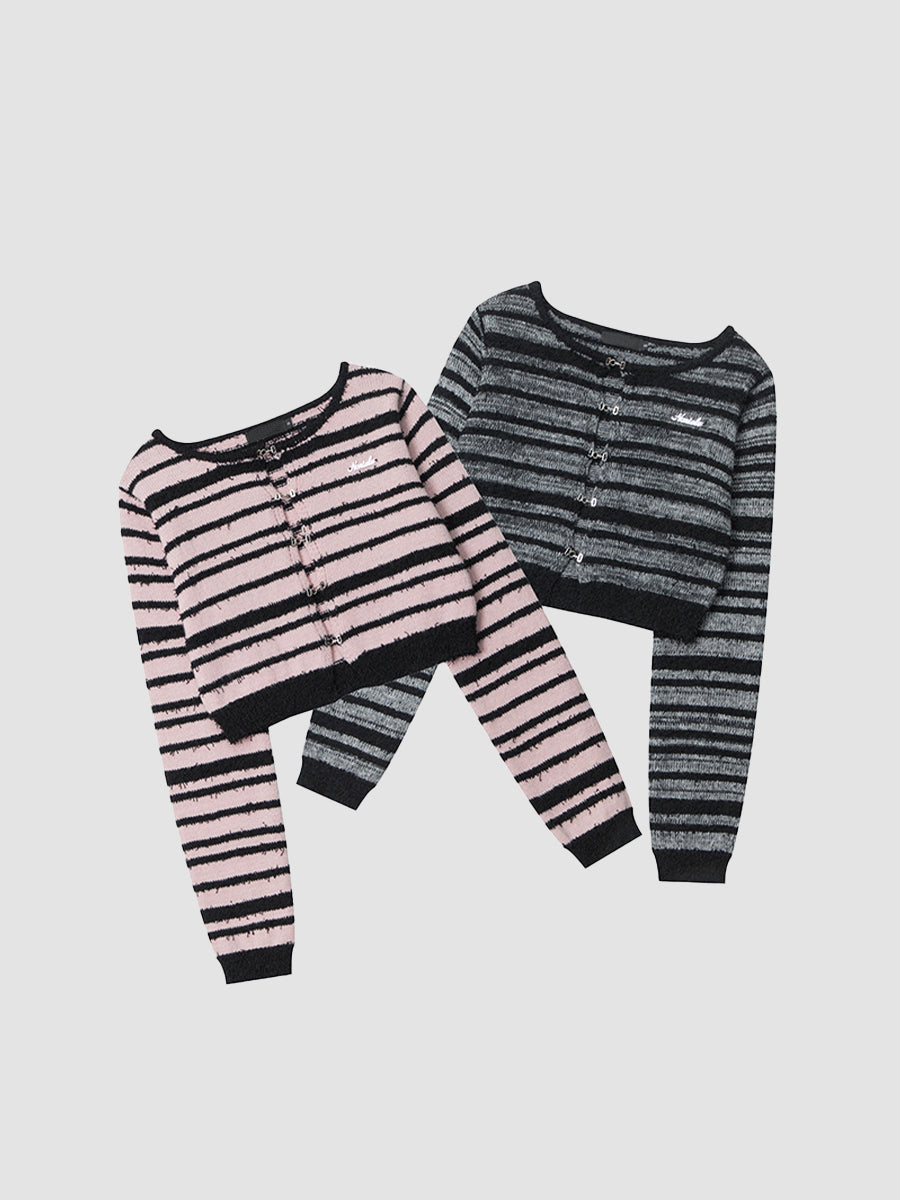 Black Sleeveless Dress Slim Striped Long Sleeve Cardigan Short Sweater Two Piece Set