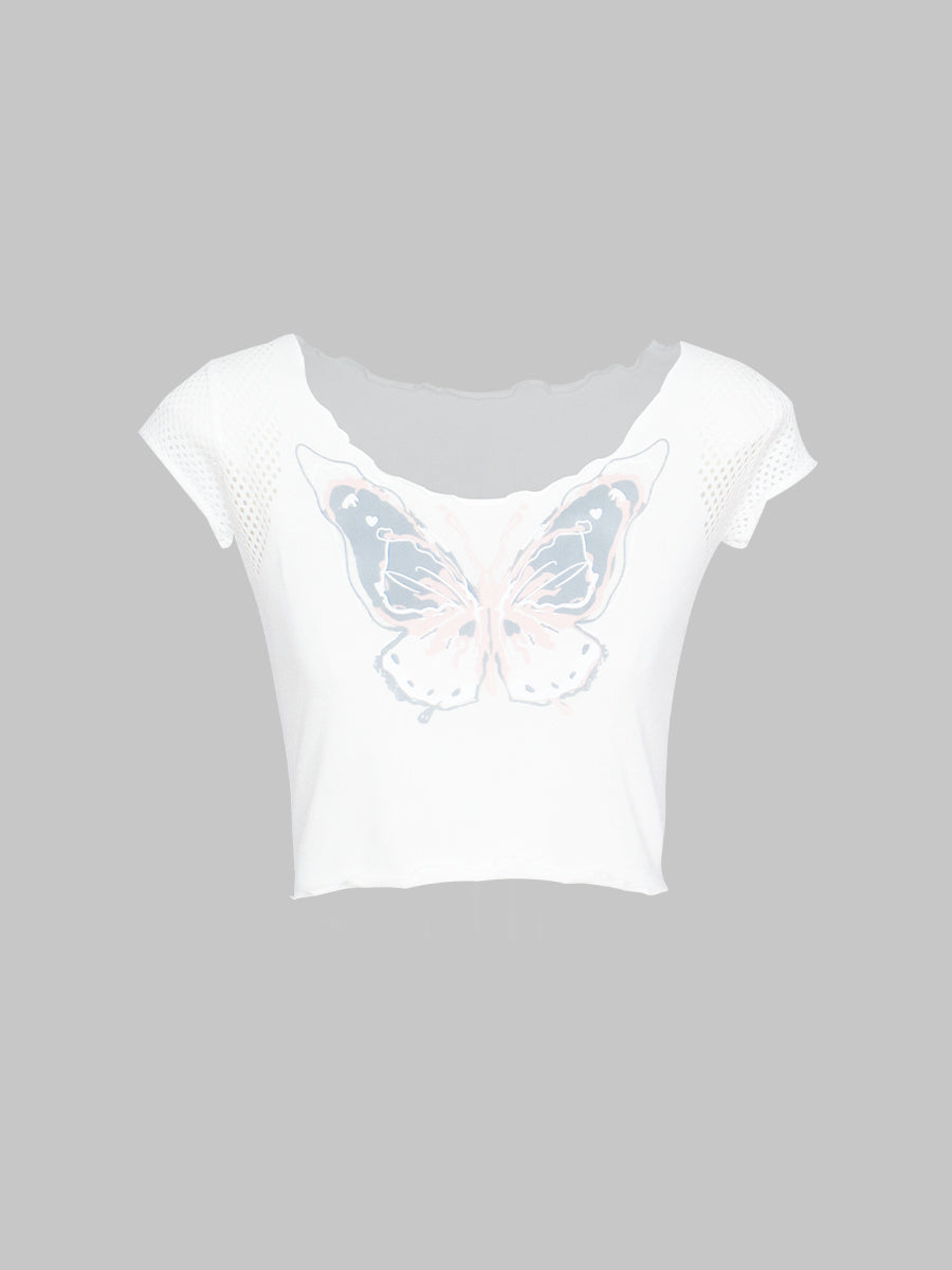 Butterfly Print Short Sleeve Crop Top
