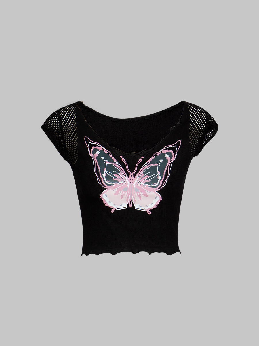 Butterfly Print Short Sleeve Crop Top