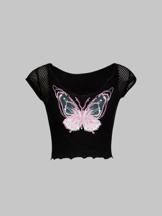 Butterfly Print Short Sleeve Crop Top