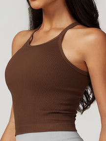 Solid Ribbed Knit Sports Cami Top Compression Shirt Gym Top