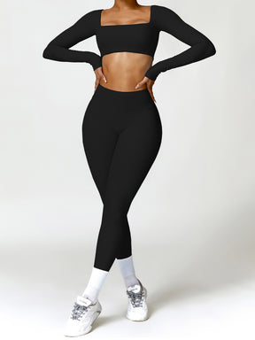 2pcs Long Sleeves Crop Top Skin-Friendly Sports Set Workout Set Fitness Yoga Suit with Chest Pads