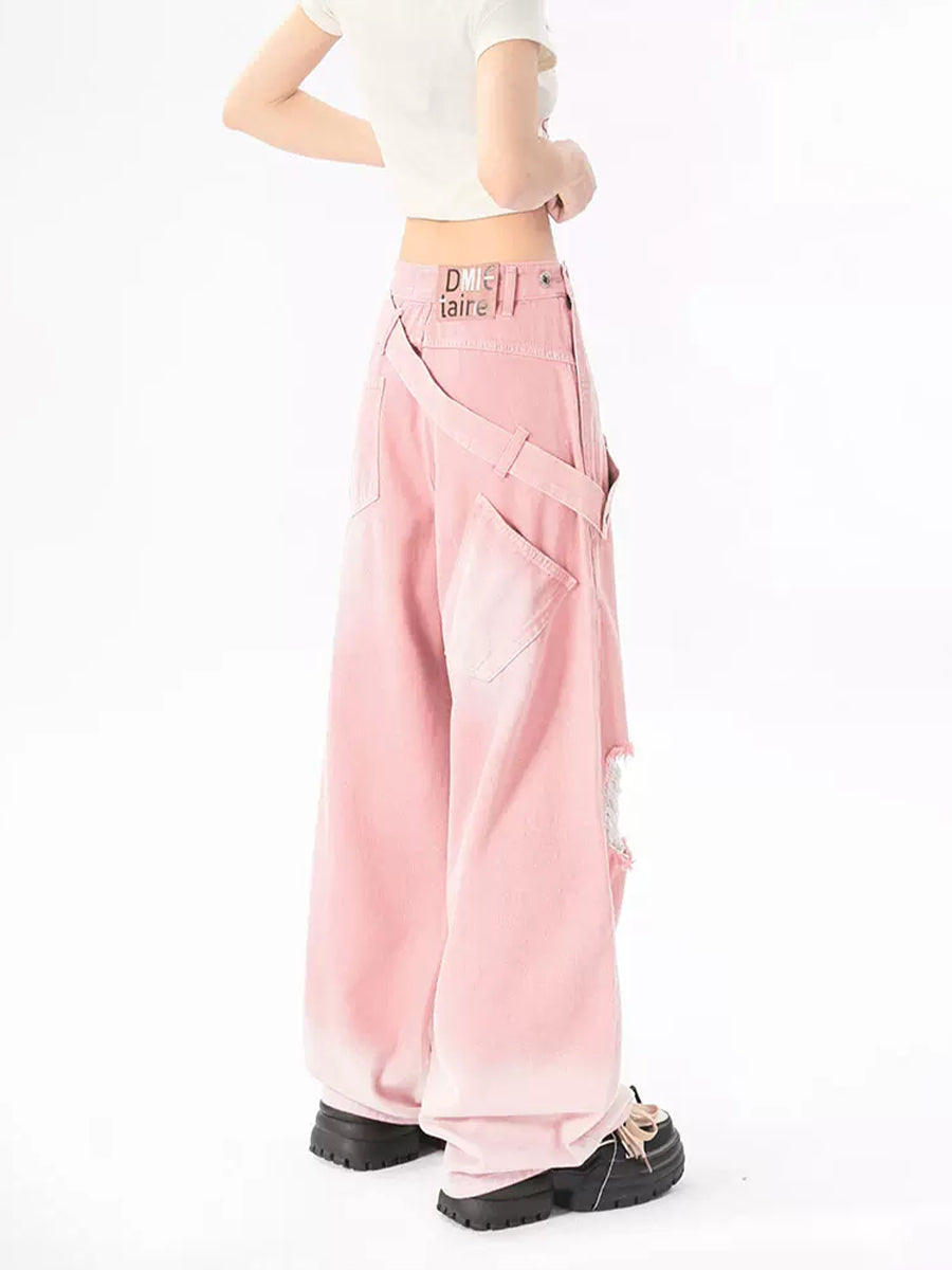 Solid Color Loose Fit Side Zipper Jeans