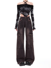 High Waist Drawstring Loose Cargo Ripped Jeans