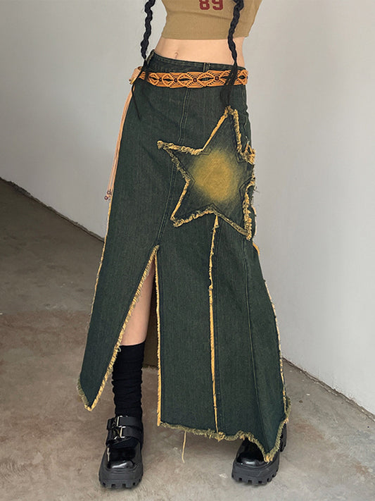Star Irregular Hem Denim Long Skirt