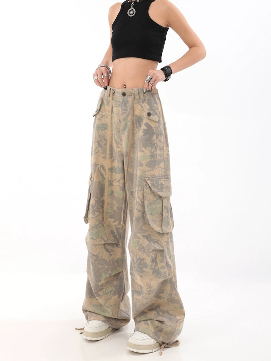 Camouflage Wide-Leg Cargo Drawstring Casual Pants