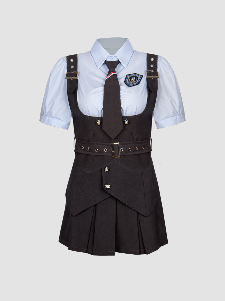 Blue Badge Shirt with Tie + Gray Vest + Skirt 3-Piece Set
