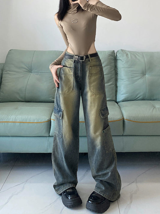 Vintage Large Pocket Straight Leg Denim Jeans