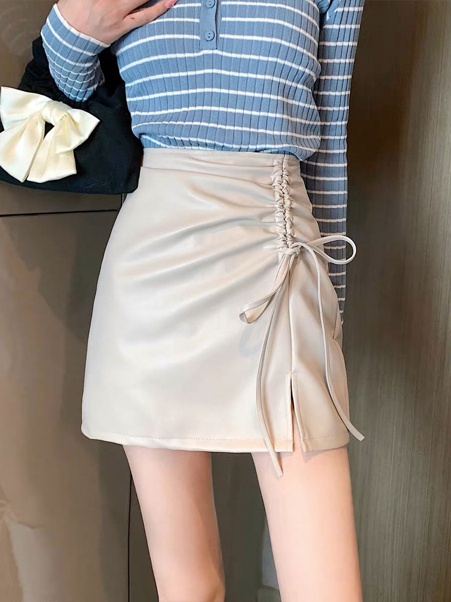 Cinched PU Slit Mini Skirt