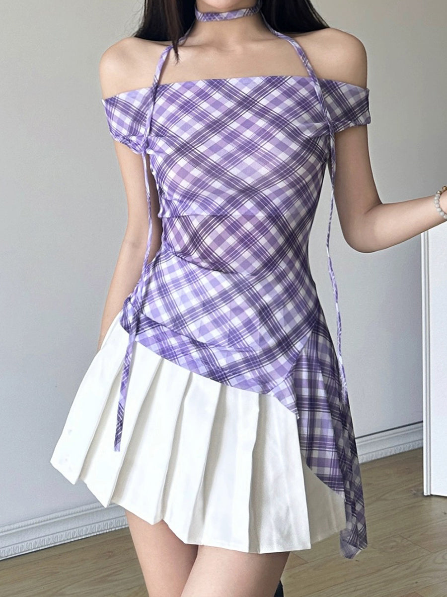 Purple Plaid Strapless Irregular Top