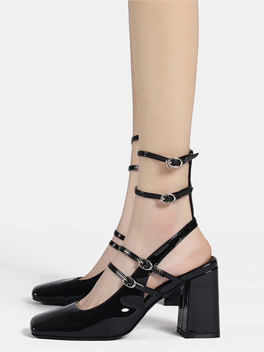 Criss Cross Chunky Heel Black Sandals