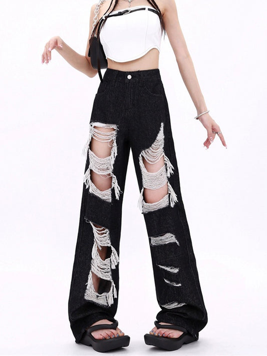 High-Waisted Baggy Wide-Leg Ripped Jeans
