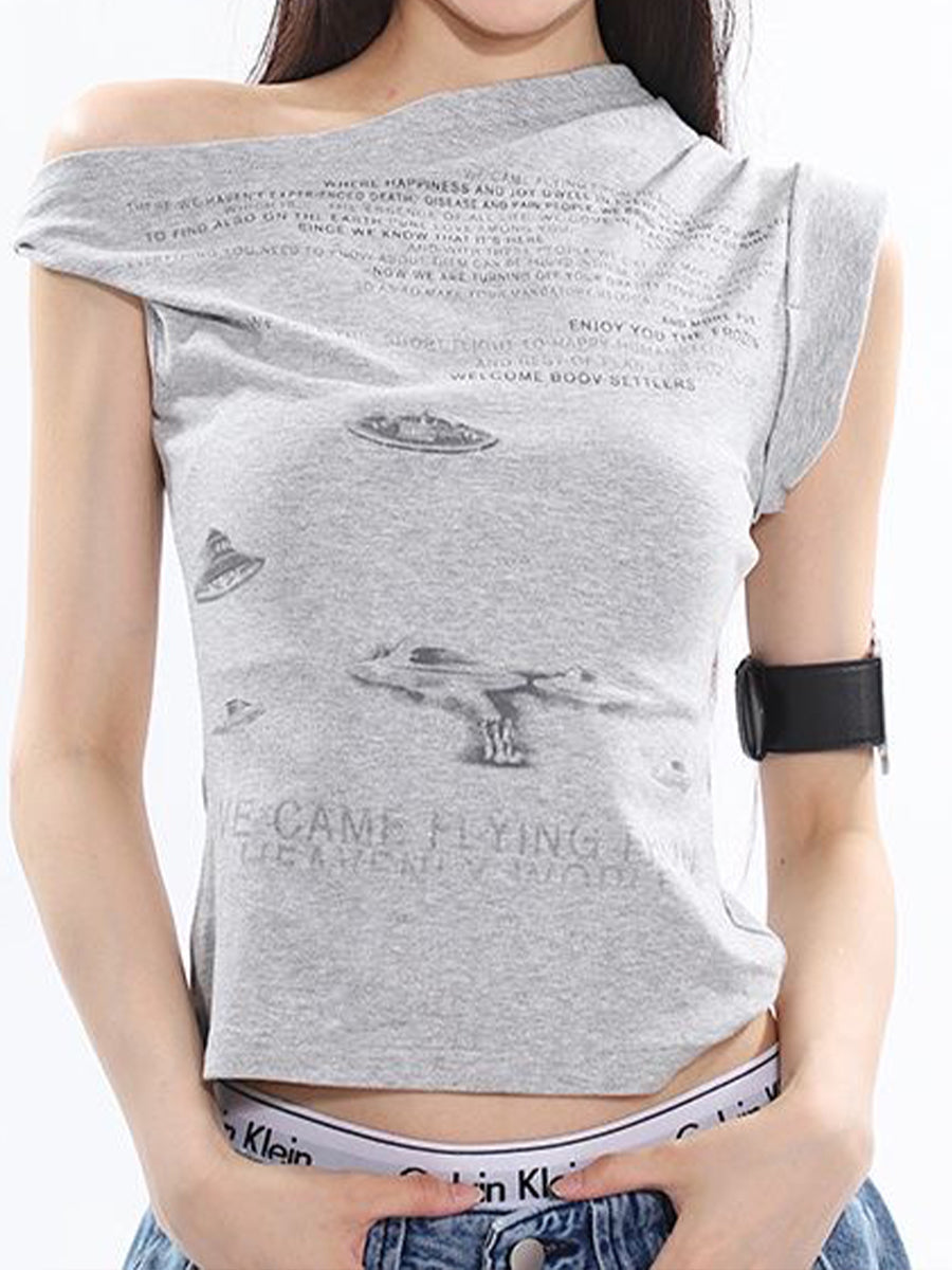 Vintage Graffiti Print One Shoulder Sleeveless Top