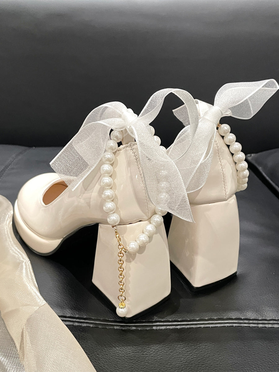 Women's Round Toe Mary Jane Heels Shoes with Double Layered Pearls Chain