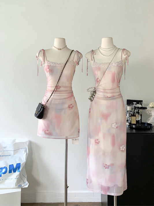 Lace Trim Cami Top Tight Strappy Pink Floral Cami Dress Short/Long