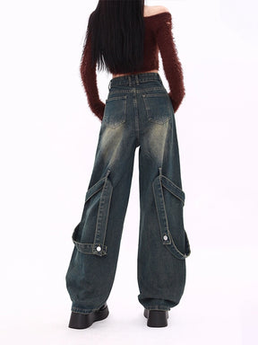 High Waisted Loose Fake Two Piece Jeans