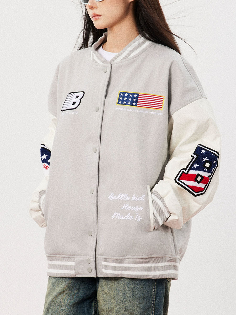 Flag Pattern Long Sleeve Loose Top Jacket Baseball Coat