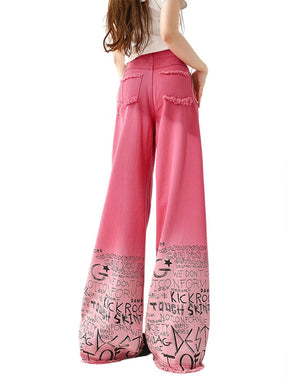 Graffiti Pattern Hem Ripped Loose Drawstring Jeans