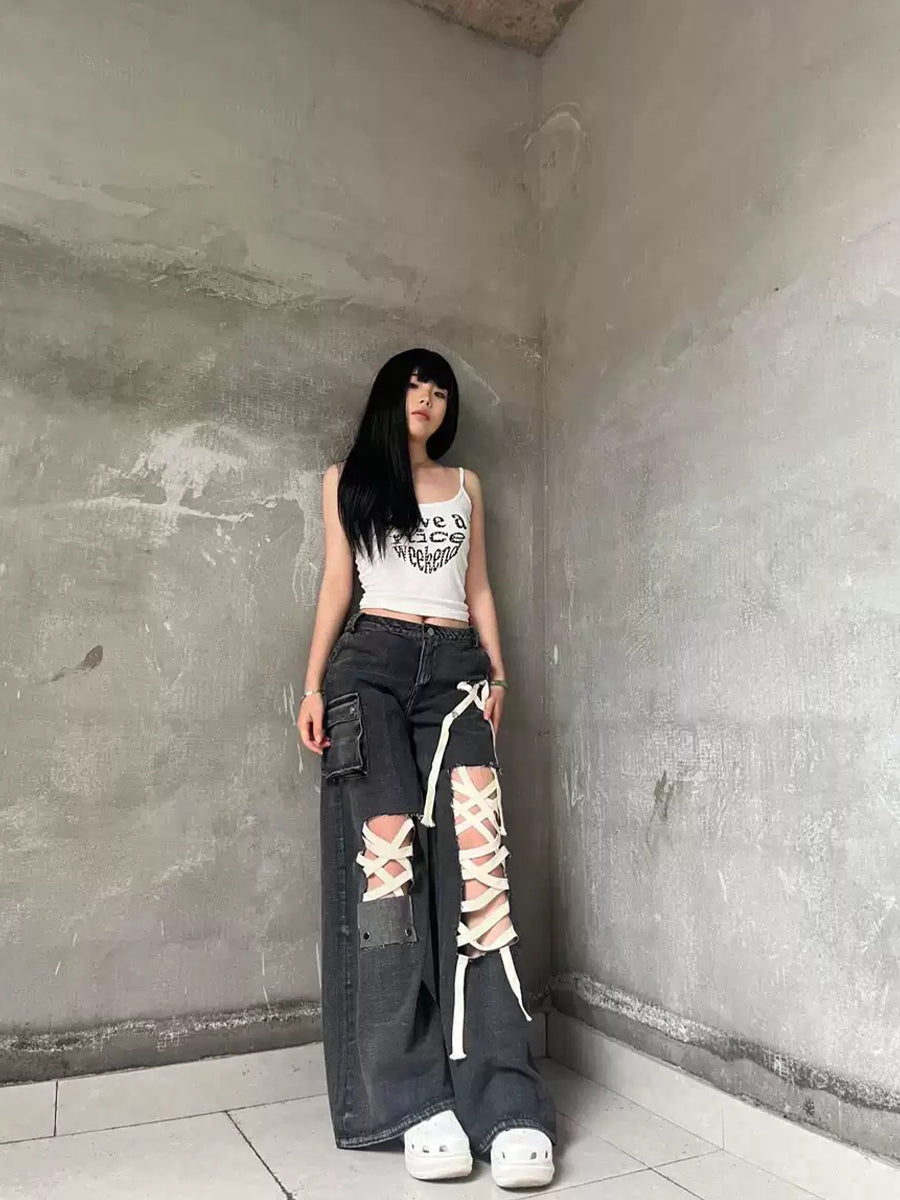 Denim Strap Cargo Jeans Pants