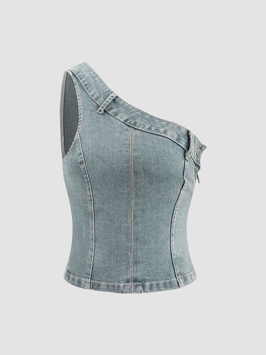 One Shoulder Denim Tank Top