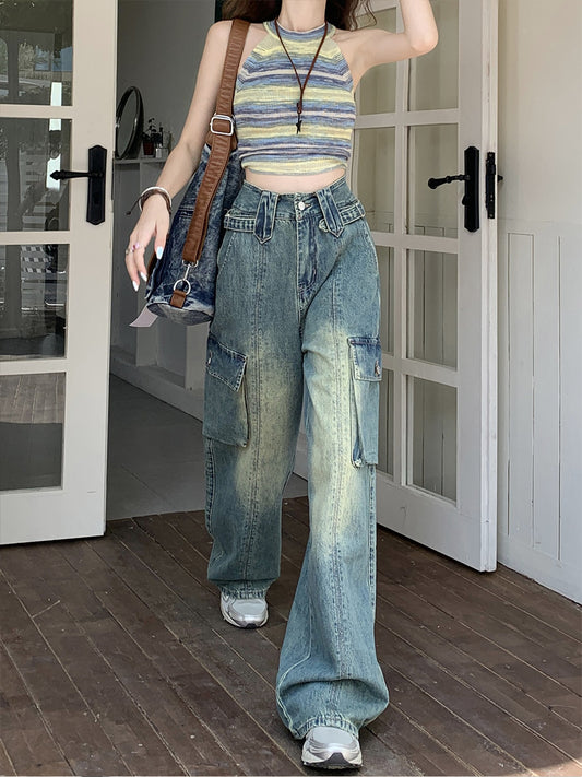 Street Vintage Loose Straight Leg Denim Wide Leg Blue Jeans Pants