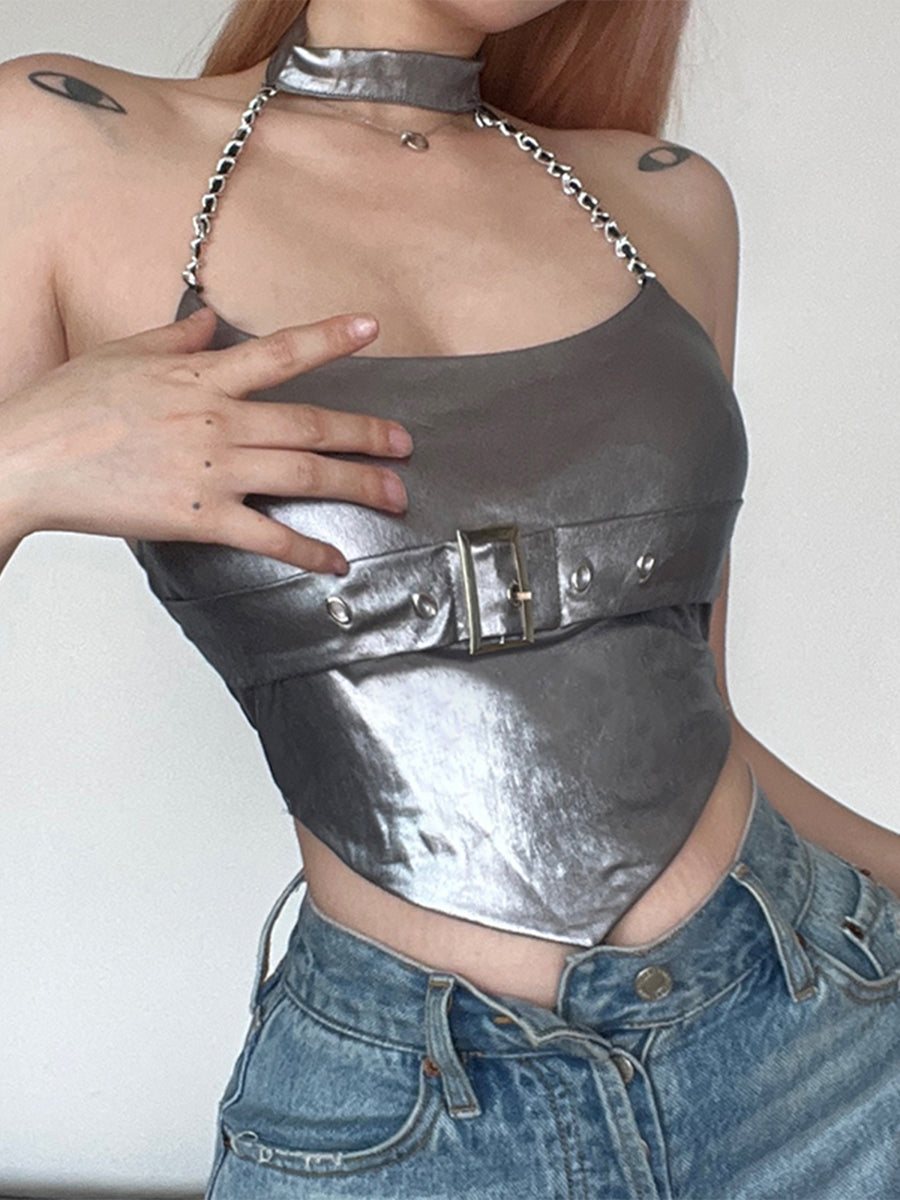 Silver Shiny Metal Chain Halter Top