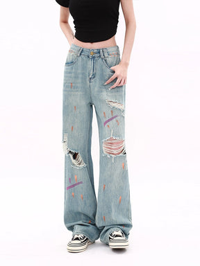 High Waisted Graffiti Pattern Ripped Denim Jeans