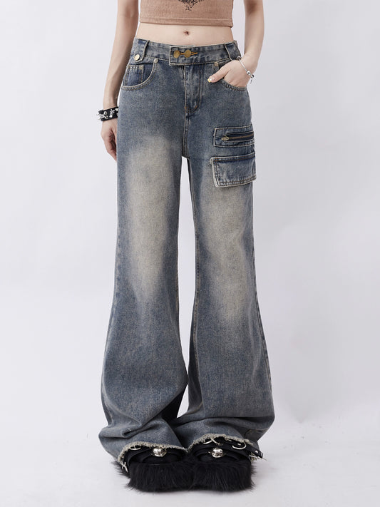 Vintage Blue Pocket Loose Long Jeans