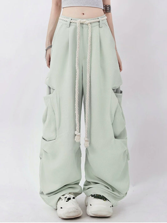 Green Loose Drawstring Casual Pants
