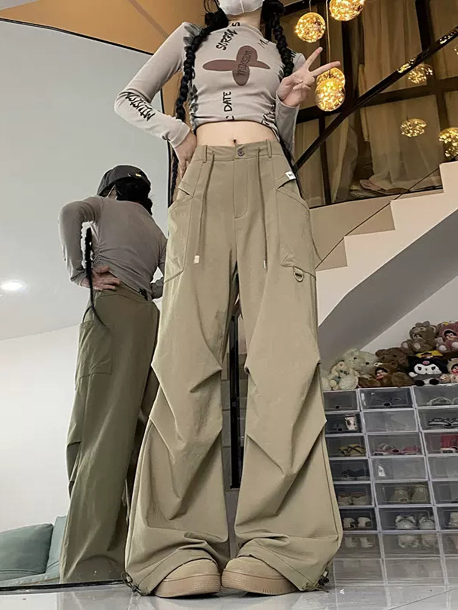 Solid Color Casual Loose Waist Drawstring Pants