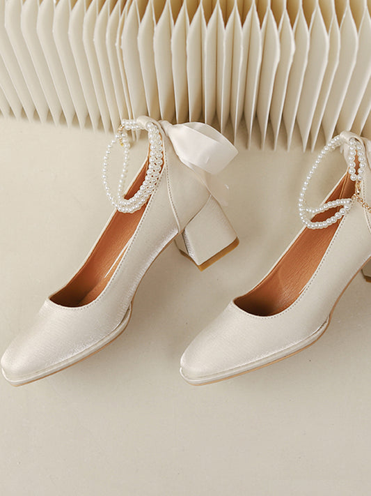 Women's Pointed Toe Chunky Heel Pumps With Pearls & Bowknots Beaded Decoration