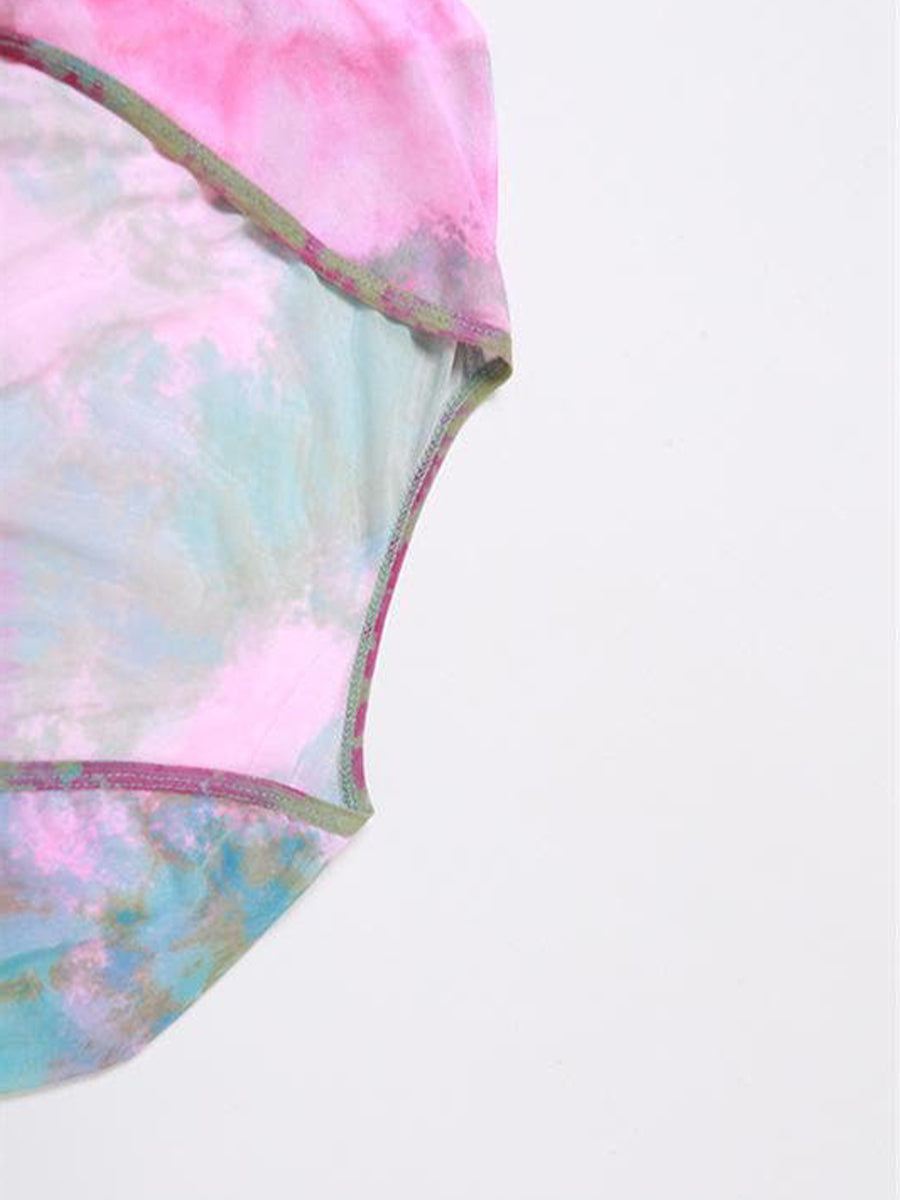 Flared Sleeve Tie Dye O Ring Self Tie Halter Low Cut Mini Skirt Set
