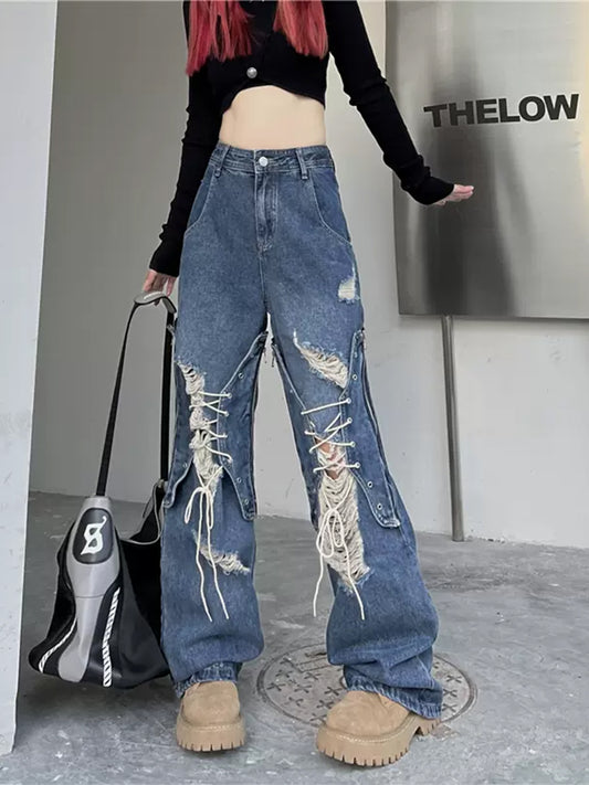 Blue Ripped Lace-Up Jeans