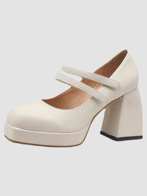 Buckle Decor Platform Chunky Heel White Mary Janes Shoes