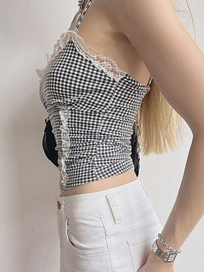 Lace Spliced Black and White Plaid Camisole Top