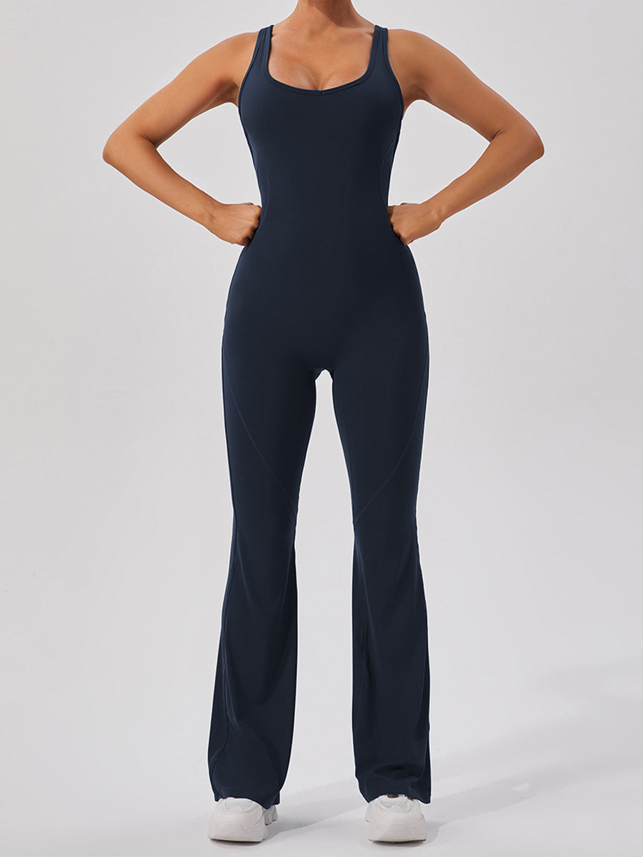 Plain Women Unitards Backless Flare Leg Skin-Friendly Sleeveless Romper