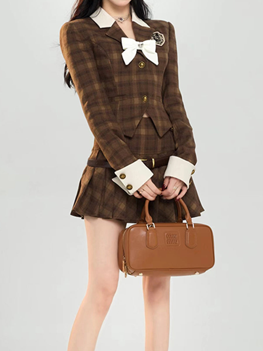 Brown Plaid Jacket Top with Bow and Plaid Pleated Skirt Set
