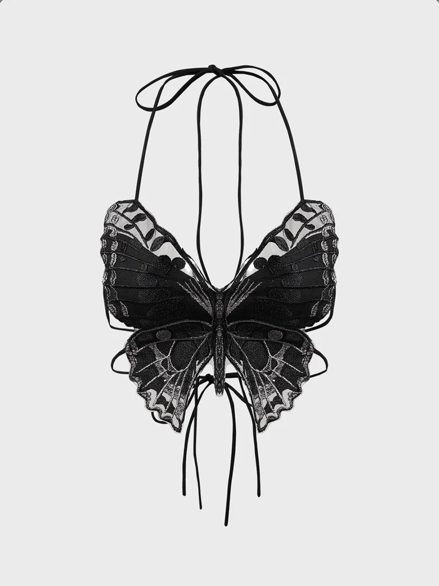 Lace Butterfly Halter Top&Black Brassiere