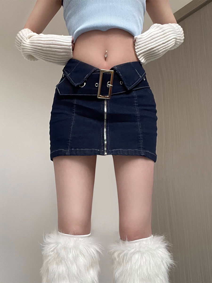 Denim Zipper Skirt with Belt