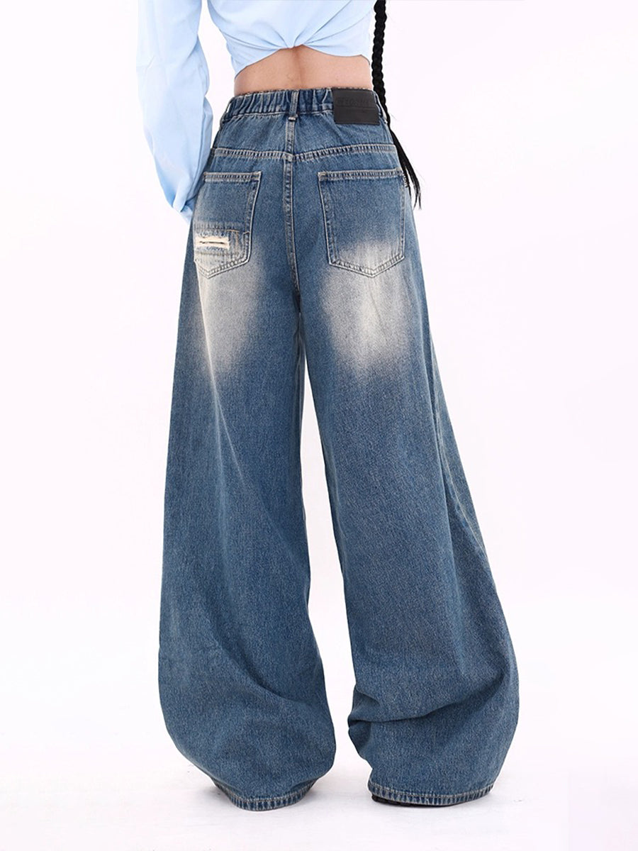 Blue High-Waisted Ripped Baggy Wide-Leg Jeans