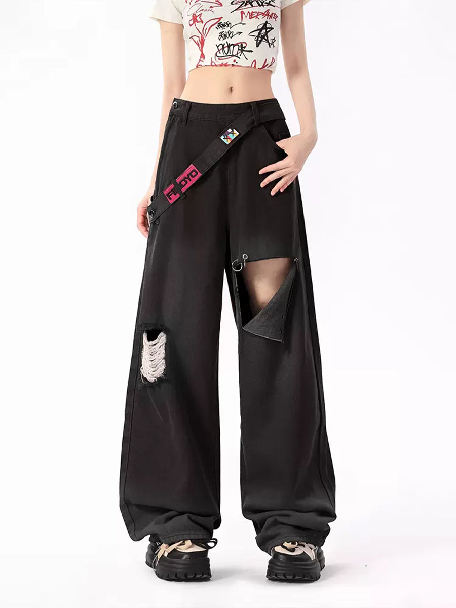 Solid Color Loose Fit Side Zipper Jeans