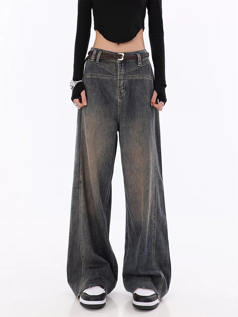 Vintage Relaxed Fit Grey Raw Edge Hem Denim Jeans