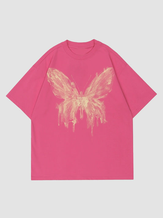 Butterfly Print Oversize Short Sleeve Top