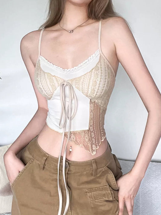 Beige Woven Cutout Fake Two Piece Camisole Top